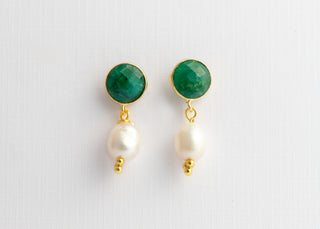 Natural Emerald posts with Freshwater Pearl Earrings