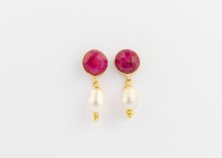 Natural Ruby Post and Freshwater Pearl Earrings