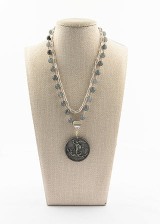 Double Strand 18th Century French Medallion Necklace, Gray Jade and Silver To Roam With Love