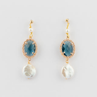 Double Pearl Earrings with Blue Filigree Glass Connector on Gold Filled Posts To Roam With Love