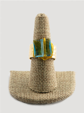 Aquamarine Swarovski Crystal Ring on Hammered Gold Band To Roam With Love