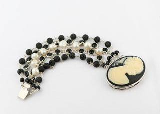 Black Cameo Bracelet with Freshwater Pearls, Black Lava Rock and Black Crystals