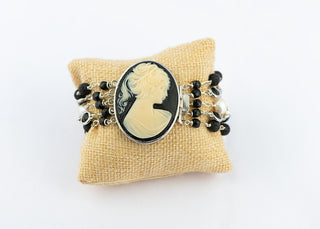 Black Cameo Bracelet with Freshwater Pearls, Black Lava Rock and Black Crystals