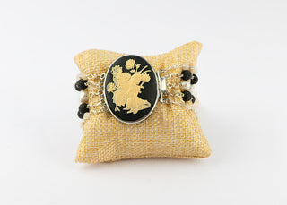 Black Oval Cameo bracelet with Ivory Fairy,  Baroque Pearls, Lava Rock, and white Jade