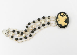 Black Oval Cameo bracelet with Ivory Fairy,  Baroque Pearls, Lava Rock, and white Jade