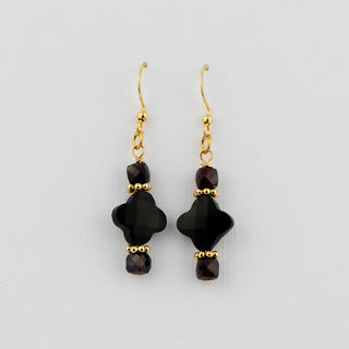 Black Onyx Clover and Garnet Earrings on 18KG Filled French Wire To Roam With Love