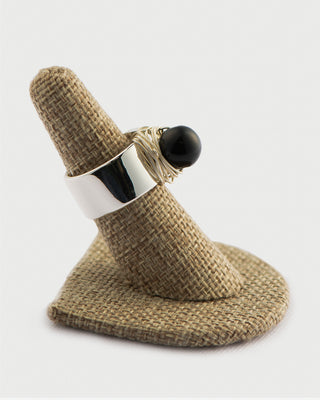 Black Pearl Ring on Silver Cigar Band To Roam With Love