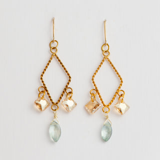 Blue Quartz and Golden Shadow Swarovski on Textured Rhombus Earring- Gold-Filled French Wire To Roam With Love