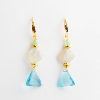Blue Topaz Trillion Cut Earrings with Rainbow Moonstone and Peridot on Gold Filled Hanger To Roam With Love