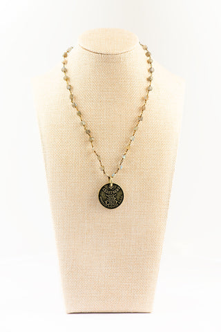 Natural Labradorite Cube Necklace with Champagne Region Medallion To Roam With Love