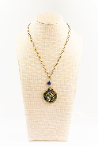 Bronze Horse Medallion Necklace with Lapis Feature To Roam With Love