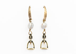 Bronze Stirrup Earrings with Frosted Moonstone on Hammered Bronze Hanger