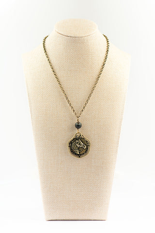 Bronze Rolo Chain Necklace with Equestrian Medallion and Black Stripe Agate To Roam With Love