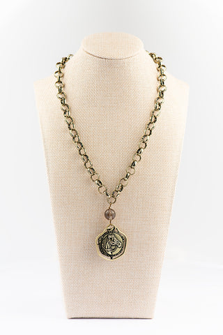 Burnished Gold Rolo Necklace with Smokey Quartz and Horse Medallion Pendant To Roam With Love