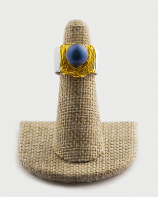 Denim Blue Pearl Ring on Silver Cigar Band To Roam With Love