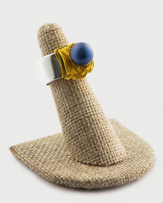 Denim Blue Pearl Ring on Silver Cigar Band To Roam With Love