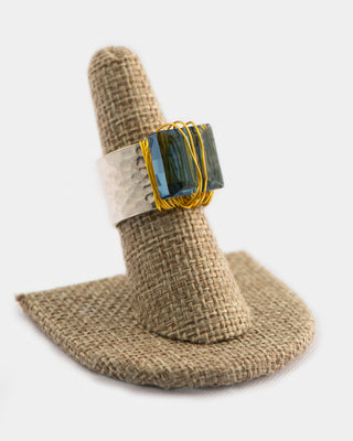Denim Blue Swarovski Crystal Ring on Hammered Silver Band To Roam With Love