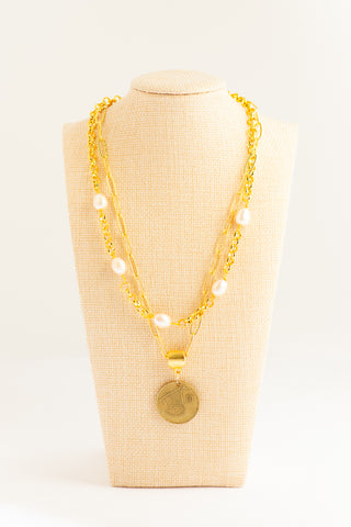 Double Gold Chain Necklace with Freshwater Pearls and International Coin To Roam With Love