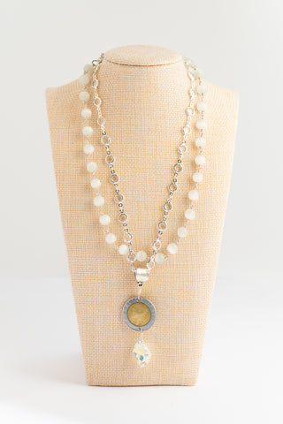 Double Strand Monalisa and Crystal Neclace with Italian Lira and Swarovski Drop To Roam With Love