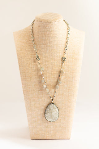 Double Strand Silver and Gray Moonstone Necklace with Oversized Druzy Agate To Roam With Love