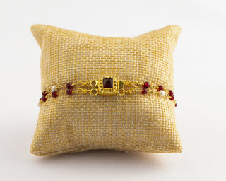 Double Strand Garnet / Pearl Bracelet with Garnet Box Clasp To Roam With Love