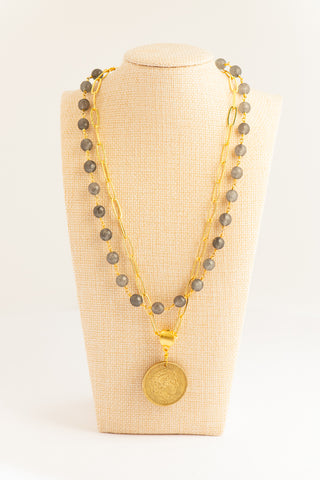 Double Strand Gold Paperclip and Gray Jade Necklace with Greek Drachma To Roam With Love