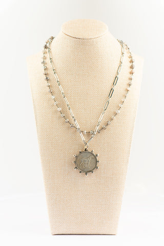 Double Strand Gray Moonstone Necklace with Silver Equestrian Pendant To Roam With Love