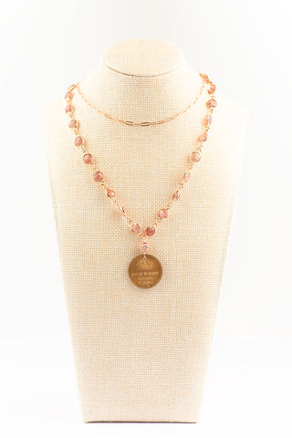 Double Strand Rose Gold Paperclip and Strawberry Quartz Necklace with Authentic Swedish Coin To Roam With Love