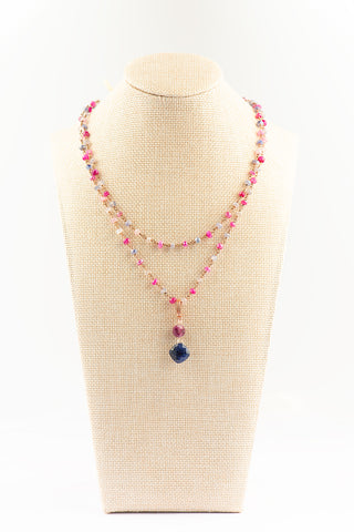 Double Strand Sapphire Moonstone and Natural Sapphire Pendant in Rose Gold To Roam With Love