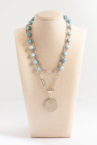 Double Strand Silver Turquoise Necklace with 1975 UK Coin To Roam With Love