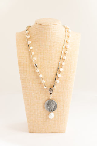 Double Strand Silver and Freshwater Pearl with Italian Lira Necklace To Roam With Love