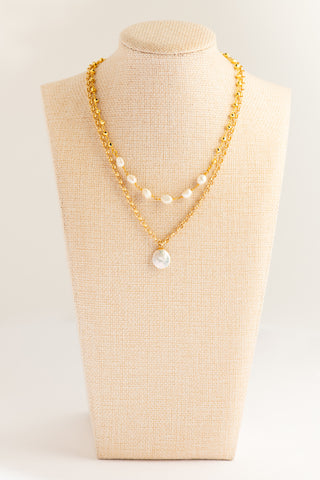 Double Strand Gold Pyrite and Freshwater Pearl Necklace To Roam With Love