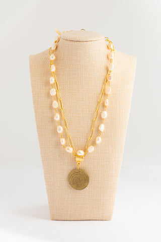 Elegant Double Chain Pink Freshwater Pearl Necklace with Vintage Israeli Coin - One of a kind To Roam With Love