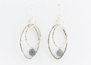 Double Hammered Oval Earrings with Gray Jade on Sterling Silver French Wire