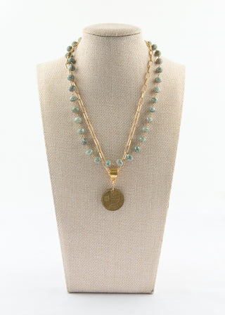 Double Strand Green Quartz Necklace with Authentic Israeli Coin Feature To Roam With Love