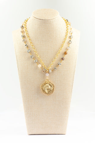 Double Strand Gold Necklace with Rutilated Jade and Horse Medallion To Roam With Love