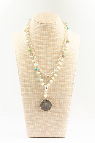 Double Stand Blue Boulder Opal Necklace with Authentic Israeli Shekel To Roam With Love