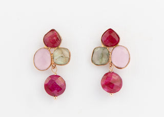 Double Ruby, Labradorite and Rose Quartz Earrings in Rose Gold