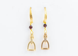 Gold Stirrup Earrings with Garnet Feature