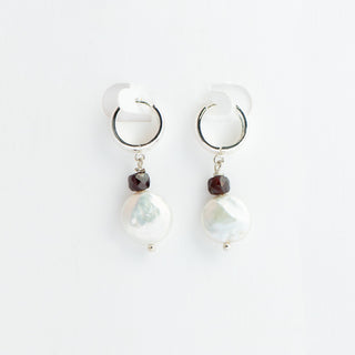 Freshwater Pearl and Garnet Earring on Sterling Silver Huggie To Roam With Love