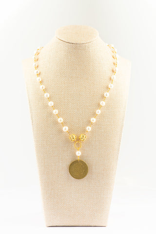 Pearl Necklace with Gold Bali Balls and Authentic Greek Drachma
