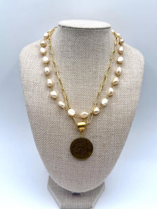 Elegant Double Chain Pink Freshwater Pearl Necklace with Vintage Israeli Coin - One of a kind To Roam With Love