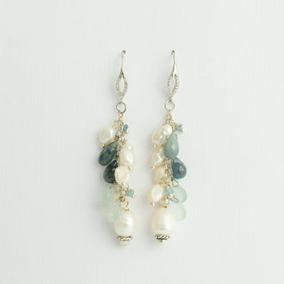Freshwater Pearl and Aquamarine Mix Earrings on Sterling Silver CZ Hangers To Roam With Love