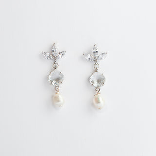 Freshwater Pearl Earrings on AAA Grade CZ Leaf Posts with Faceted Lucite in White Gold To Roam With Love