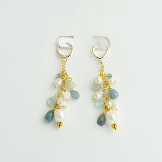 Freshwater Pearl and Aquamarine Mix Earrings on Gold Huggy Earrings To Roam With Love