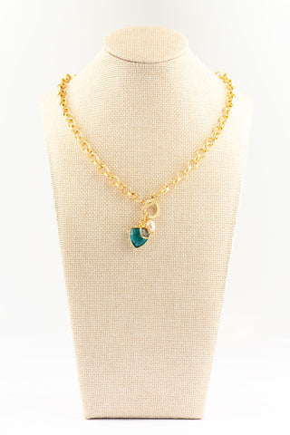 Front Toggle Neon Apatite Necklace with Pink Pearl and Smokey Quartz