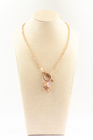 Rose Gold Necklace with Rose Quartz Star Faceted Crystal and Freshwater Pearl To Roam With Love