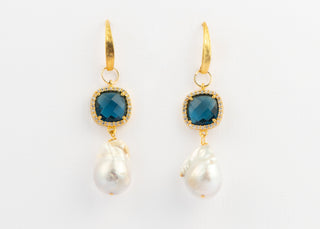 Pave Swiss Blue Topaz Earrings with Baroque Pearls on Gold Vermeil