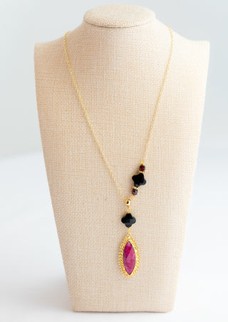 Assymetrical Gold Necklace with Natural Ruby Marquise, Garnet and Black Onyx To Roam With Love