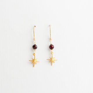 Gold Twinkle Star Garnet Earrings on 14K Gold Filled Hangers To Roam With Love